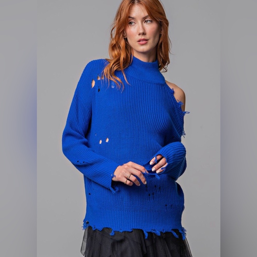 Royal blue distress cold shoulder sweater. NWT Easel brand